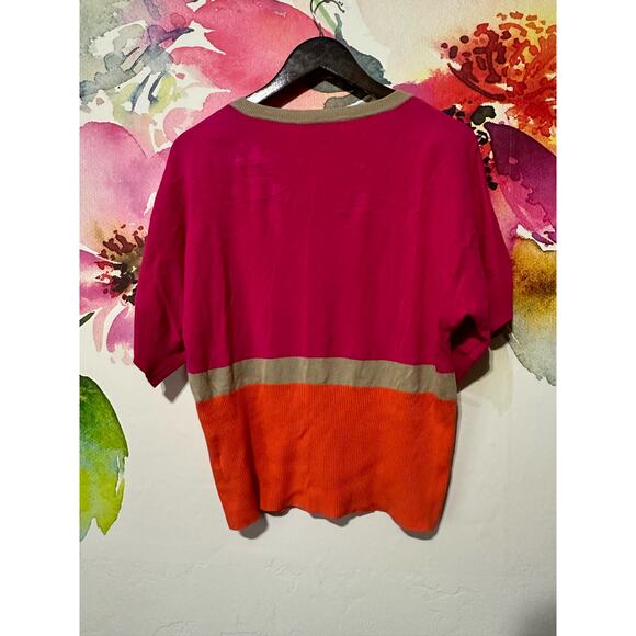 CABLE & GAUGE Pullover Lightweight Block Sweater Sz L Pink & Black 3/4 Sleeve - Picture 2 of 4